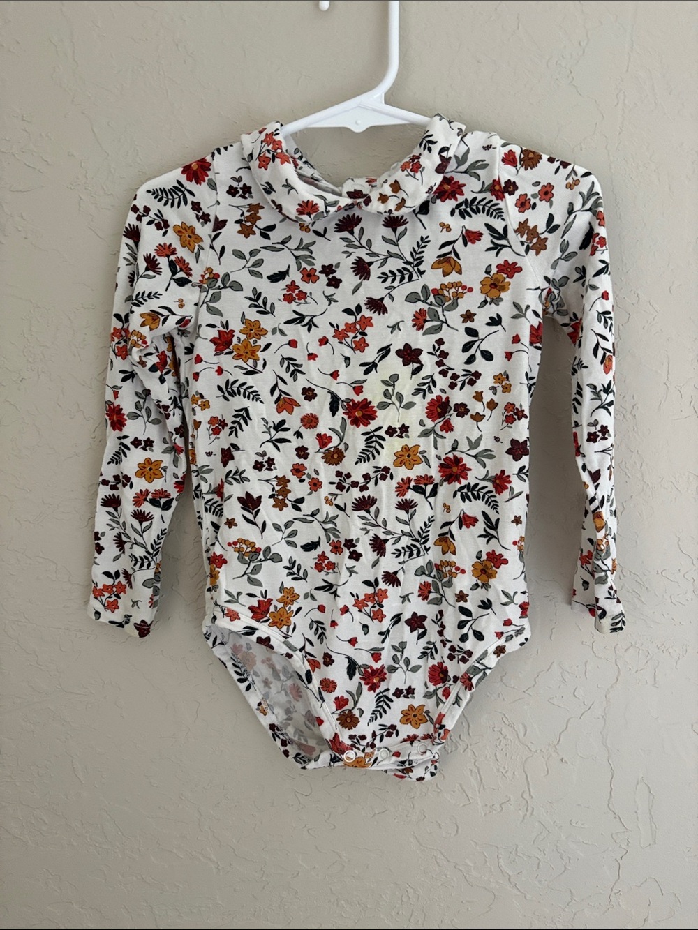 Long-Sleeve Floral One-Piece Bodysuit - White with Red & Mustard Flowers